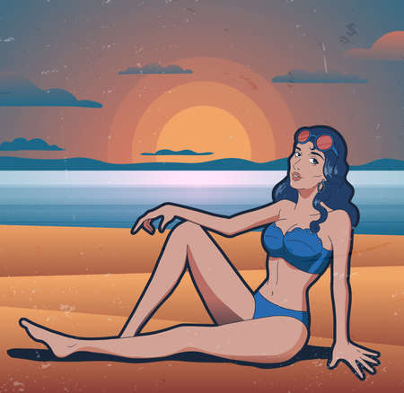 illustration in cartoon style of female in swimsuit in summer beach, sunsetのイラスト素材