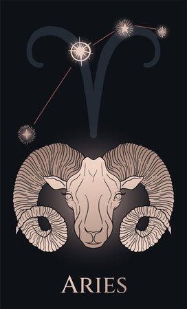 zodiac sign aries, sheep head, black and gold, with space (stars)のイラスト素材