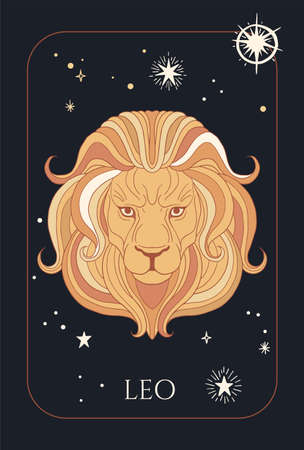 illustration of lion head, zodiac sign - leo, black and yellow colors with stars zodiac formのイラスト素材