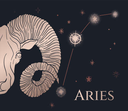 zodiac sign aries, sheep head, black and gold, with space (stars)のイラスト素材