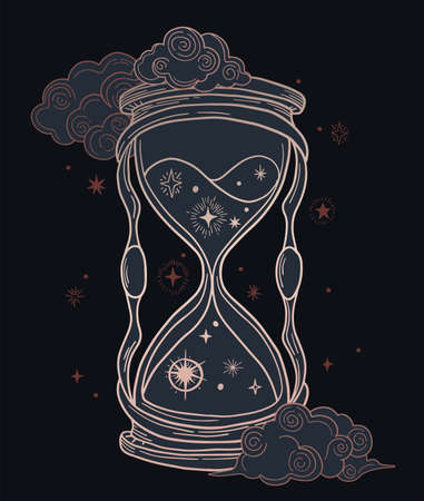 abstract hourglass with mystic stars, night, sky, black and goldのイラスト素材