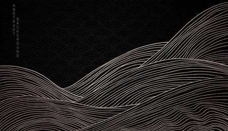 vector abstract japanese style landscapes lined waves in black and gold colorsのイラスト素材