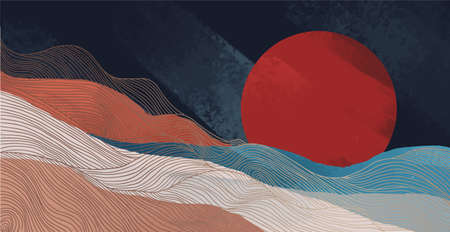 abstract japanese landscape on light background with gradient, semi watercolorのイラスト素材