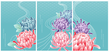 abstract art collection in asian style of peoniesのイラスト素材