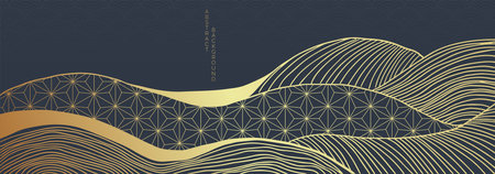 vector abstract japanese style landscapes lined waves in black and gold colorsのイラスト素材