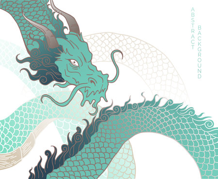 hand drawn japanese vector dragon in brown, white and greenのイラスト素材
