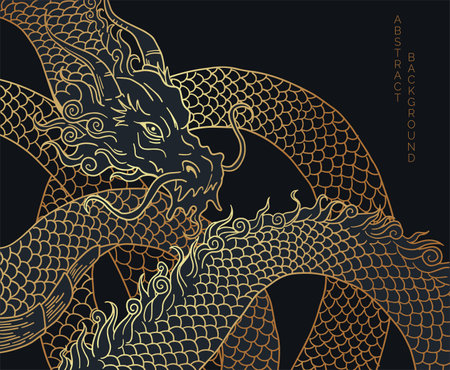 hand drawn japanese vector dragon in black and gold colorsのイラスト素材