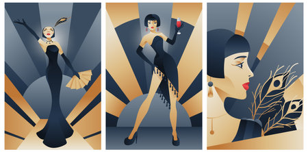 art deco illustrations of bottle of wine and fashion ladiesのイラスト素材