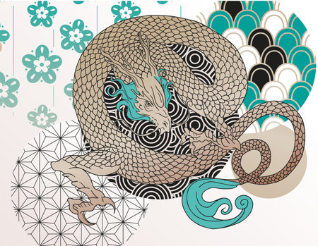 hand drawn japanese vector dragon in black, green and gold colorsのイラスト素材