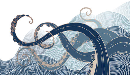 illustration with tentacles, graphic style. gold and blue colorsのイラスト素材