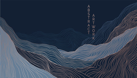 vector abstract japanese style landscapes lined waves in black and gold colorsのイラスト素材