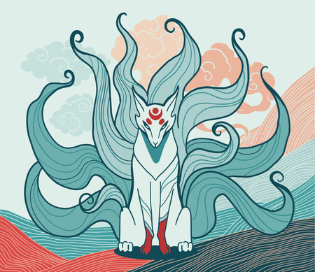 vector abstract illustration of Japanese fantasy creature nine tailed fox kitsuneのイラスト素材