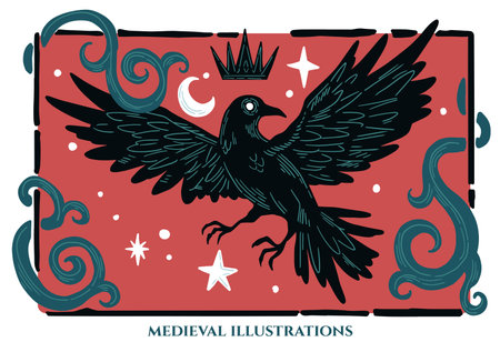 illustration in medieval gravure style, raven, dark fantasy illustration, occult artのイラスト素材