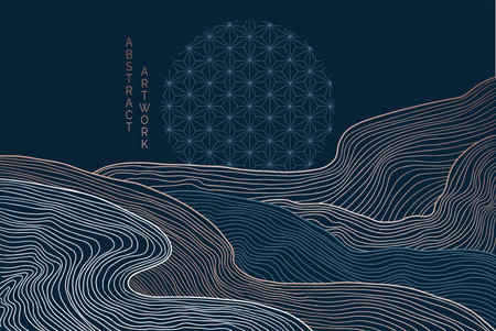 vector abstract japanese style landscapes lined waves in black and gold colorsのイラスト素材