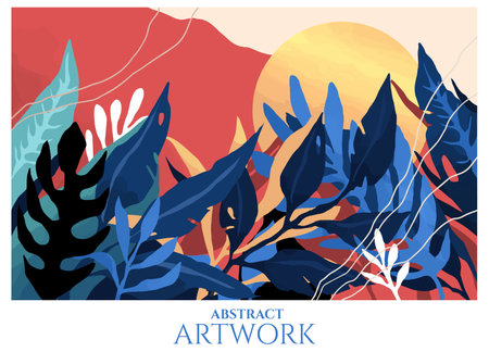 abstract mid century modern floral illustration with semi watercolor texture, inspired by Asian minimalistic designのイラスト素材