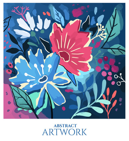 abstract mid century modern floral illustration with semi watercolor texture, inspired by Asian minimalistic designのイラスト素材