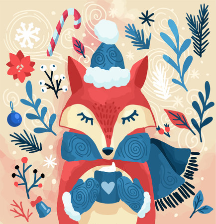 cozy stylized vintage christmas card fox, with bright colors and floral elements and watercolor textureのイラスト素材