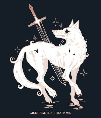 medieval style fantasy illustration, cosmic wolf with sword, tattoo designのイラスト素材