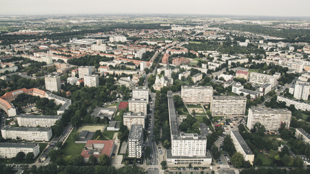 Panorama from great height to residential buildings and roads Wroclaw. Photo in retro styleの写真素材