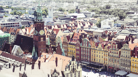 Panorama of the Central square in Wroclaw, in the retro style, tilt-shift effect