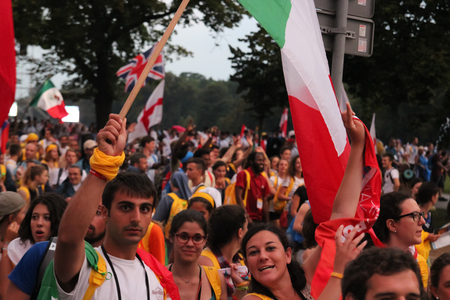 A crowd of people with flags.World Youth Day Krakow  Poland 2016.のeditorial素材