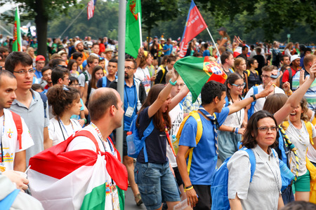 KRAKOW, POLAND -  2016 - World Youth Day 2016, A crowd of people with flags Portugalのeditorial素材