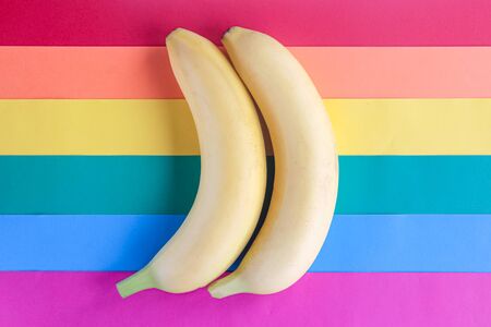 LGBT love concept, two bananas lie on the rainbow flag, symbol of male loveの写真素材