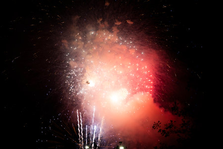Colorful fireworks of various colors over night sky, celebration concept.
