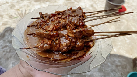Grilled chicken satay with peanut sauce and crispy fried onion toppings is a popular Indonesian dish loved by many. Skewered and grilled chicken is marinated with a blend of spices, then served with a side of rich and creamy peanut sauce.の写真素材