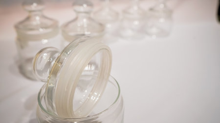 Clear glass jars are a timeless and elegant storage solution that can be used in a variety of ways. Whether you're storing pantry staples like pasta and cereal, or using them to display your favorite, clear glass jars are a versatile and functional addition to any home.の写真素材