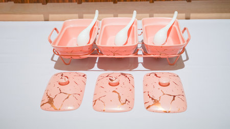 This pink ceramic vegetable bowl is a stunning addition to any kitchen.の写真素材