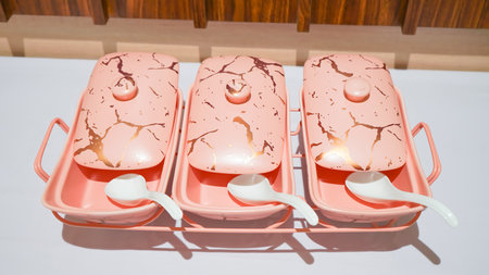 This pink ceramic vegetable bowl is a stunning addition to any kitchen.の写真素材