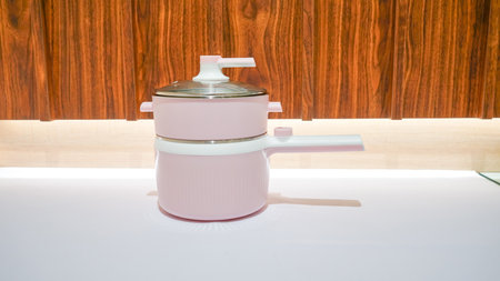 An elegant pink electric steamer is a kitchen appliance that uses steam to cook food quickly and efficiently.の写真素材