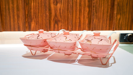This pink ceramic vegetable bowl is a stunning addition to any kitchen. The delicate pink color is complemented by the intricate golden motifs that decorate the sides and interior of the bowl.の写真素材