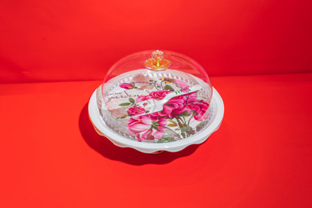 The White Ceramic Round Cake Stand with Flower Motif is a stunning centerpiece for your desserts.の写真素材