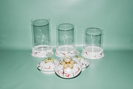 The Glass Jar with Ceramic Lid and Gold Pattern is a sophisticated storage solution that adds a touch of elegance to your kitchen or living space.の写真素材