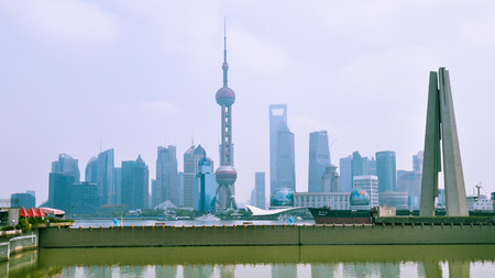 New Pudong Panorama on a Smoggy Day - Shanghai, Chinaのeditorial素材