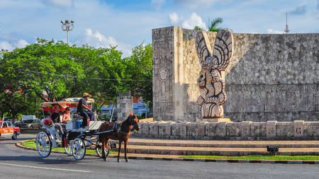 Foreign tourists visit the Homeland Monument, Merida, Mexicoのeditorial素材
