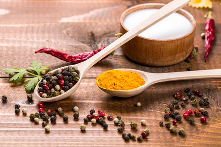 Various spices for cooking oh the wood tableの写真素材