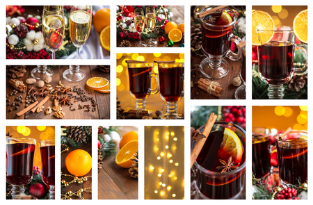 Christmas collage with photos of spruce, champagne, mulled wine, orange, bokeh and decorationsの写真素材
