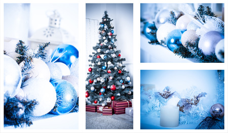 Christmas collage with photos of spruce, champagne and decorationsの写真素材