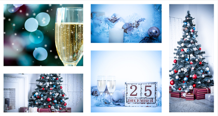 Christmas collage with photos of spruce, champagne and decorationsの写真素材