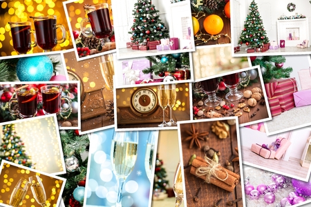 Christmas collage with photos of spruce, champagne, mulled wine, orange, bokeh and decorationsの写真素材