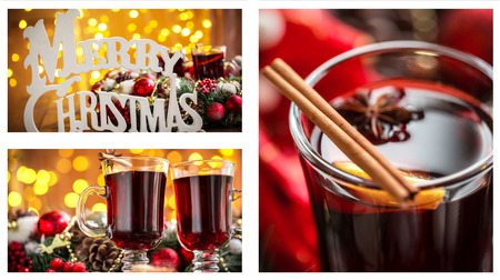 Christmas collage with photos of spruce, champagne, mulled wine, orange, bokeh and decorationsの写真素材