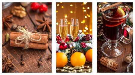 Christmas collage with photos of spruce, champagne, mulled wine, orange, bokeh and decorationsの写真素材