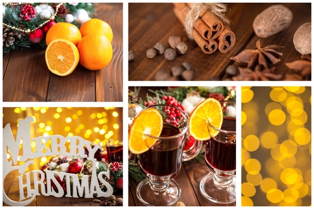 Christmas collage with photos of spruce, champagne, mulled wine, orange, bokeh and decorationsの写真素材