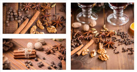 Christmas collage with spices for mulled wine and nutsの写真素材