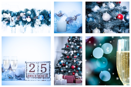 Christmas collage with photos of spruce, champagne and decorationsの写真素材