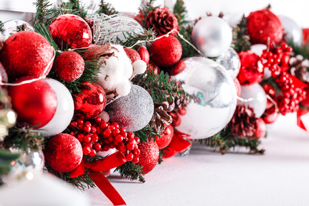 beautiful Christmas Decoration with Snow, buds and christmas ballsの写真素材