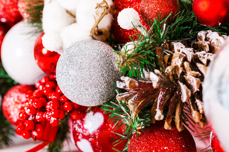 Beautiful Christmas Decoration with Snow, buds and christmas ballsの写真素材